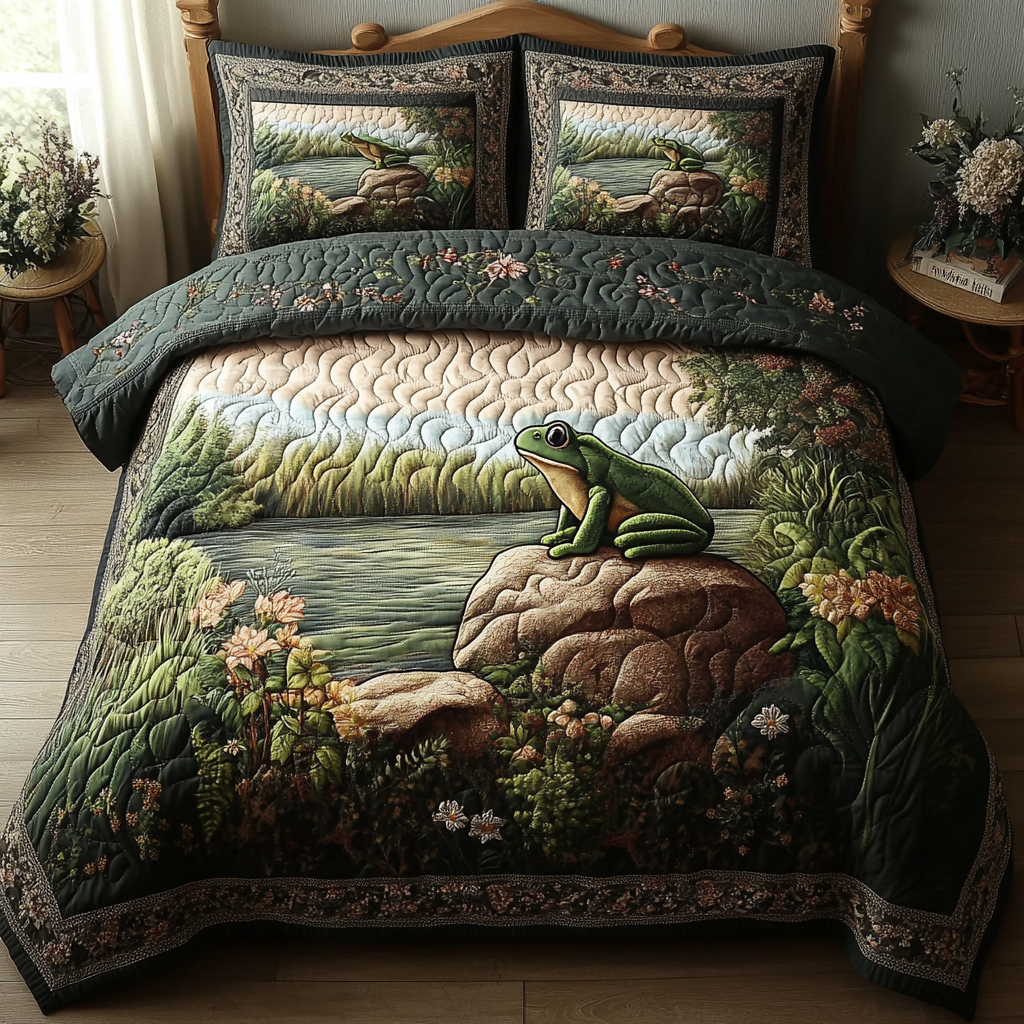 Silent Frog Quilted Bedding Set Cute Room Decor Unique Gifts For Frog Lovers