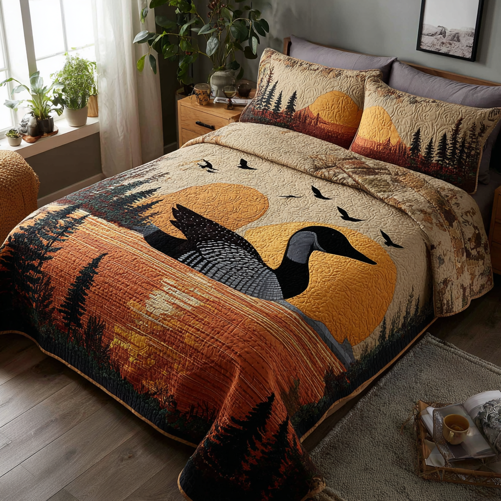 Silent Loon Quilted Bedding Set Best Bed Sheet Set Gift For Bird Lover