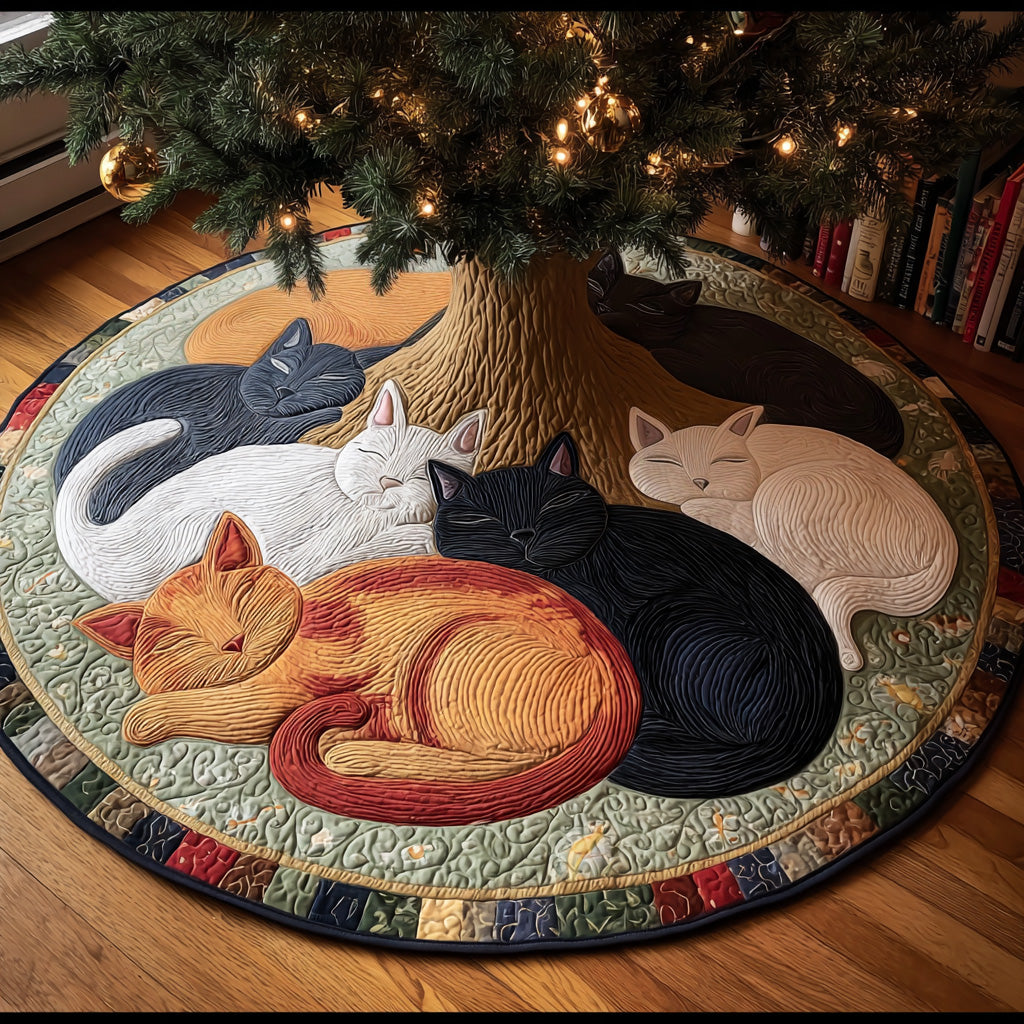 Silent Night Cats Christmas Quilted Tree Skirt Xmas Tree Stand Cover Cat Presents For Christmas