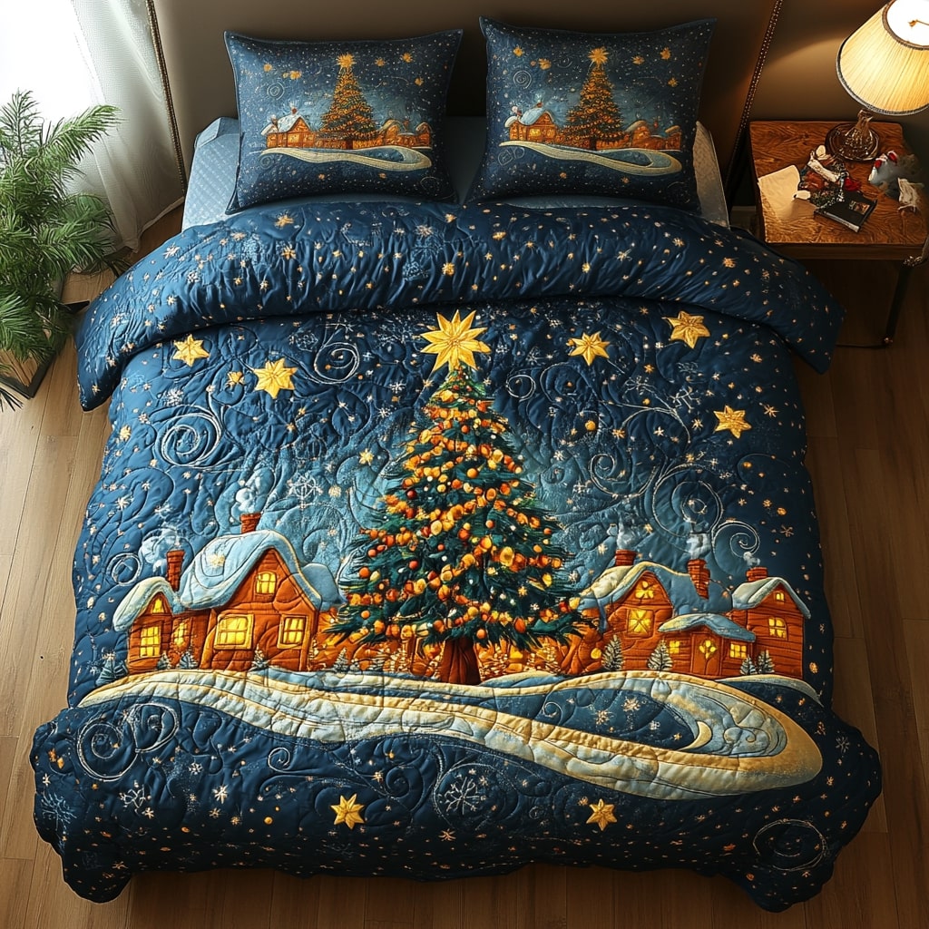 Silent Night Pine Quilt Quilted Bedding Set Full Size Comforter Christmas Gift For Mom