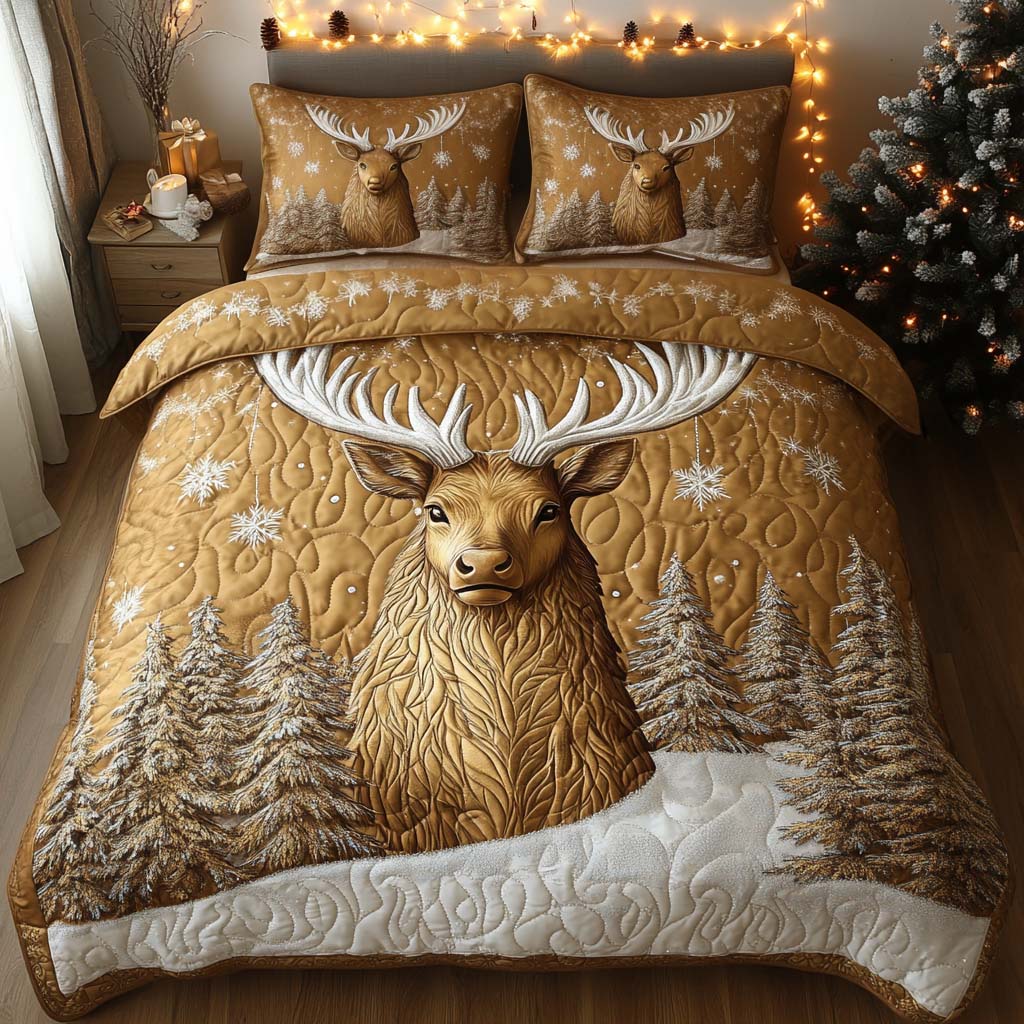 Silent Night Stag Quilted Bedding Set Holiday Duvet Cover Set Presents For Deer Hunters