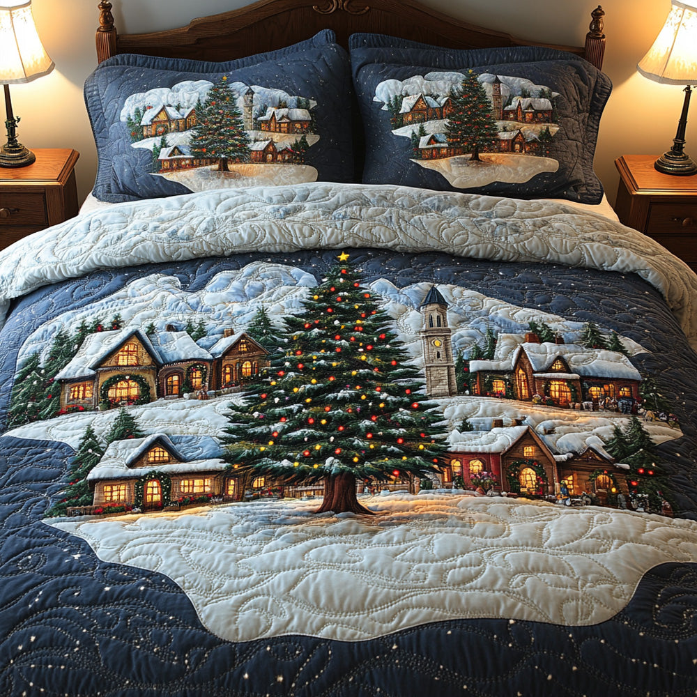 Silent Night Village Quilted Bedding Set Queen Size Comforter Winter Holiday Gift For Mom