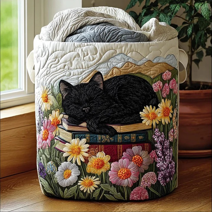 Silent Paws Cat Quilted Laundry Basket Cozy Feline Home Storage Organizer Best Gift For Cat Lovers