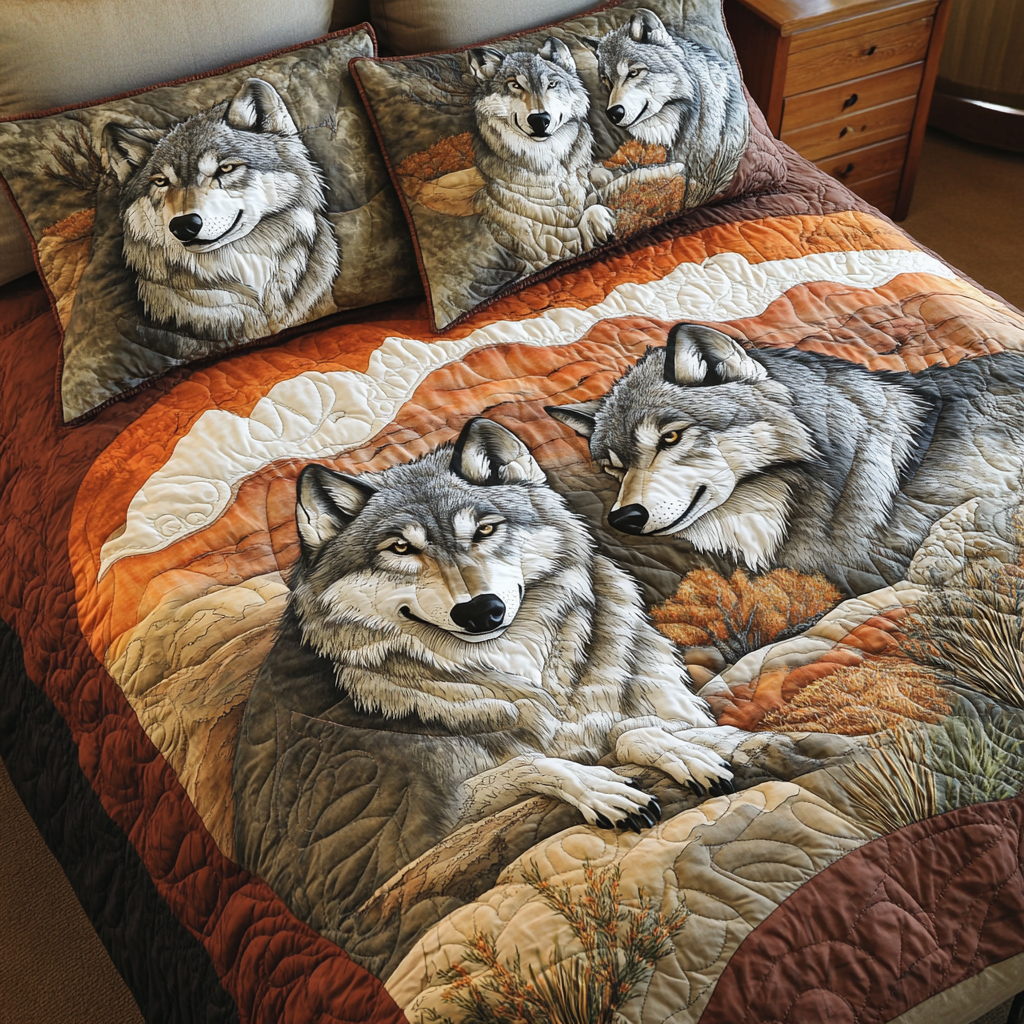 Silent Pursuit Quilted Bedding Set Cozy Bedroom Decor Gift For Wolf Lover