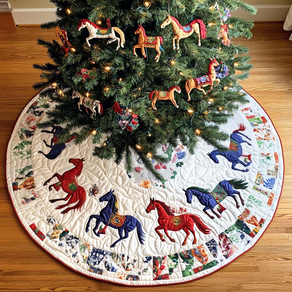 Silent Stallion Christmas Quilted Tree Skirt Seasonal Tree Area Decoration Xmas Under-Tree Decoration