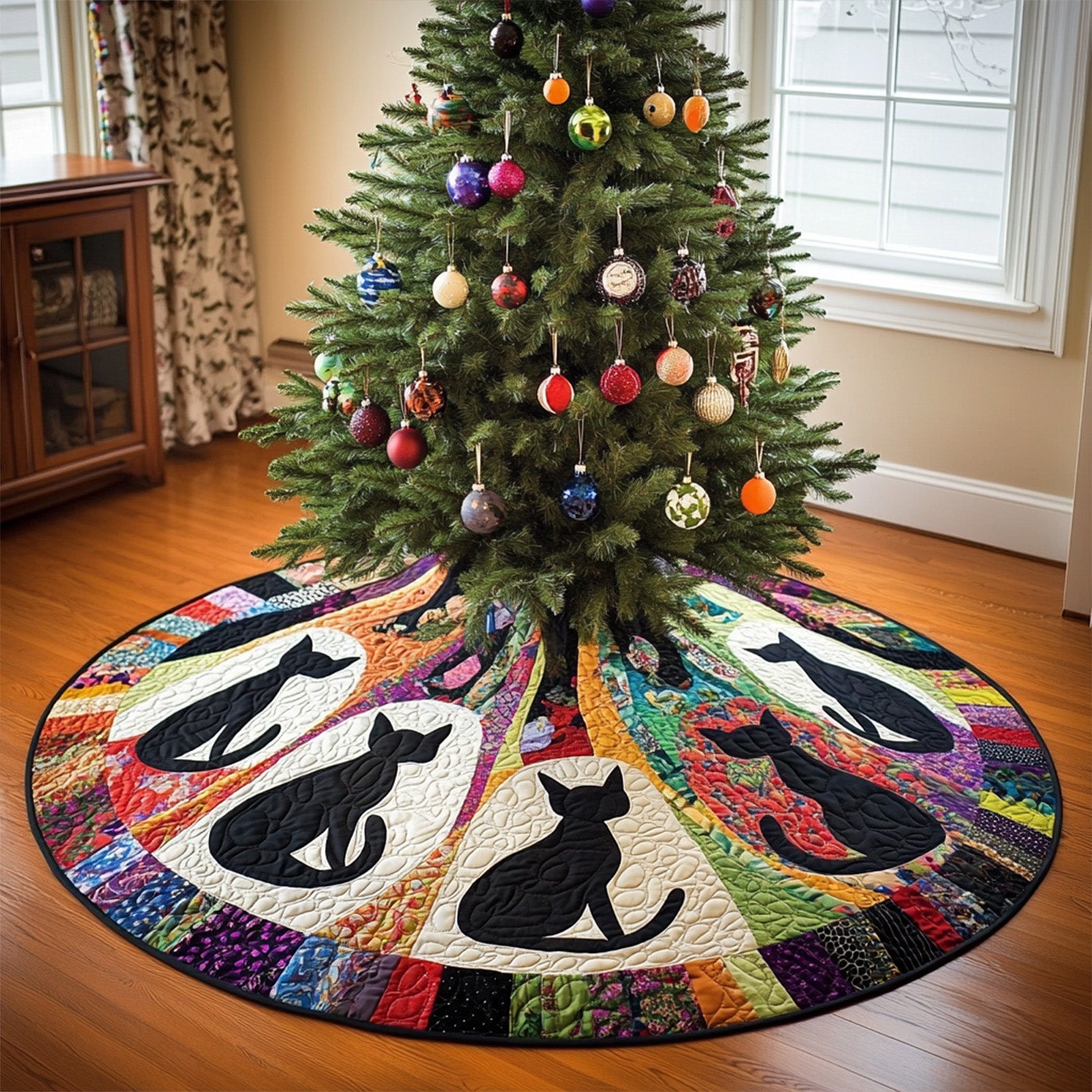 Silhouette Serenity Quilted Christmas Tree Skirt Holiday Party Decor for Home Under-Tree Christmas Decor