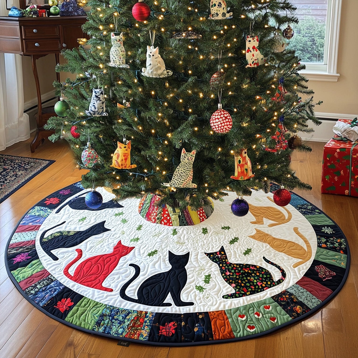 Silhouette Whispers Quilted Christmas Tree Skirt Classic Red and White Tree Skirt for Traditional Decor