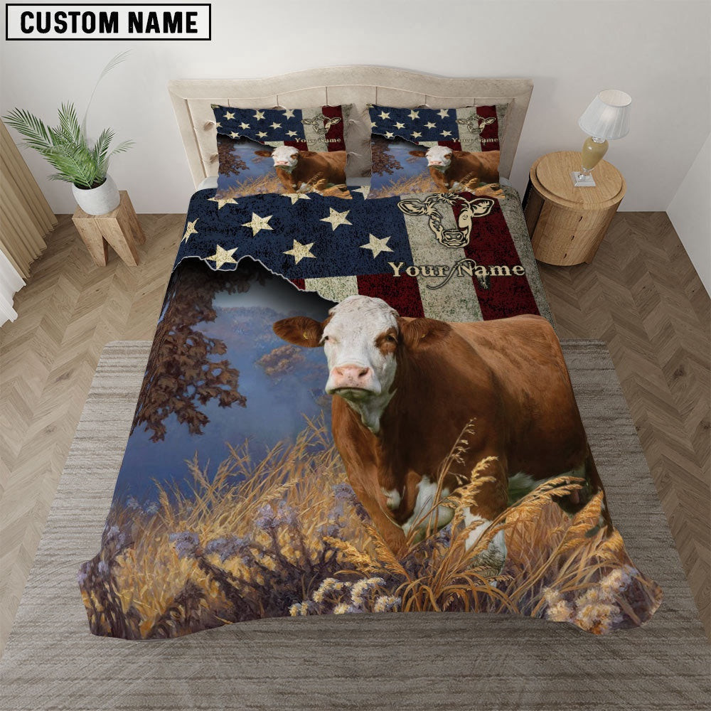 Simmental America Customized Name Bedding Set Farmhouse Bedding Set Couple Gifts