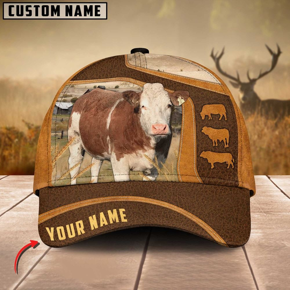 Simmental Cattle Leather Pattern Customized Name Cap Farmer Baseball Cap Gift For Farmer