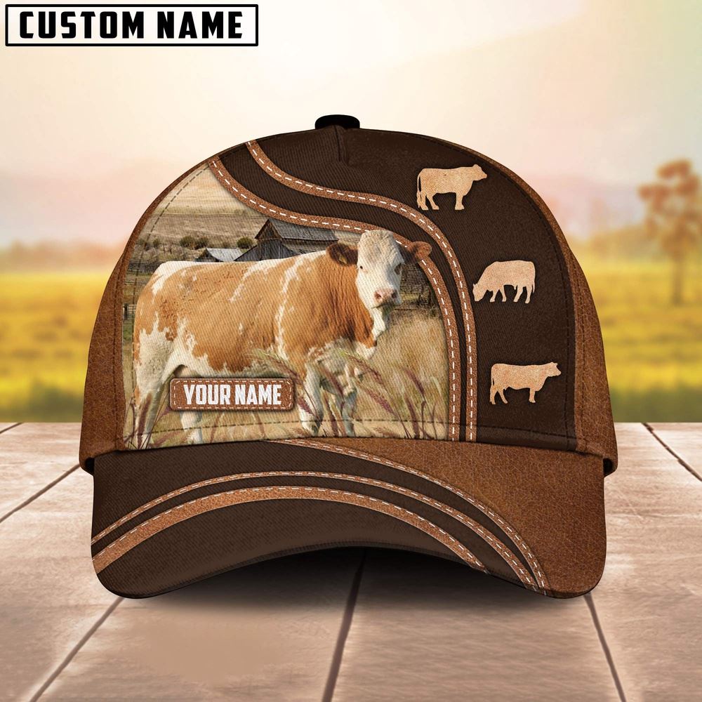 Simmental Leather Brown Pattern Customized Name Cap Farmer Baseball Cap Gift For Farmer
