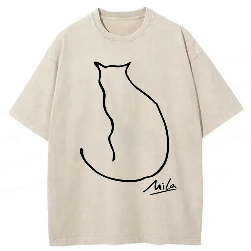 Simple Drawing Cat Washed T-Shirt Everyday Comfort Graphic Shirt Gifts For Besties