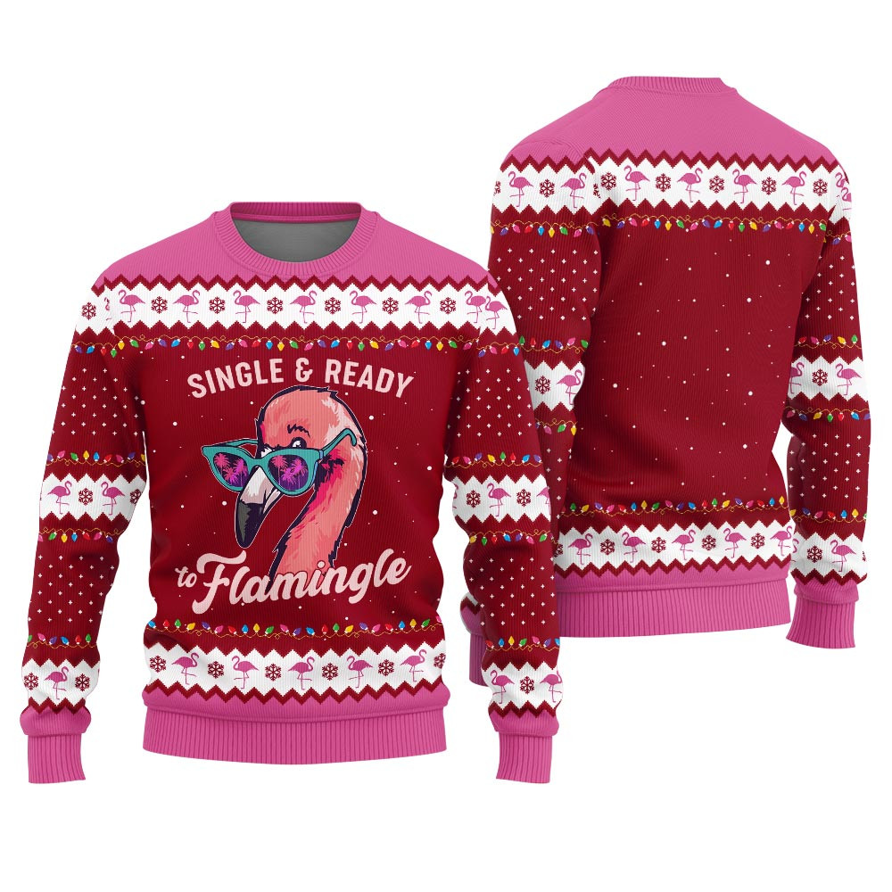 Single And Ready To Mingle Ugly Christmas Sweater With Flamingos Cozy Christmas Sweater for Holiday Season