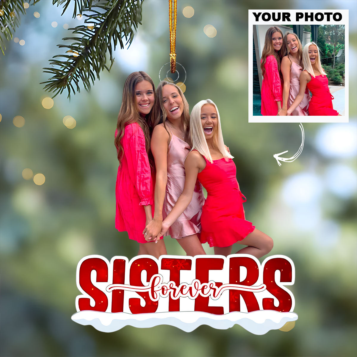 Sisters Forever Red Version Personalized Custom Photo Mica Ornament Christmas Gift For