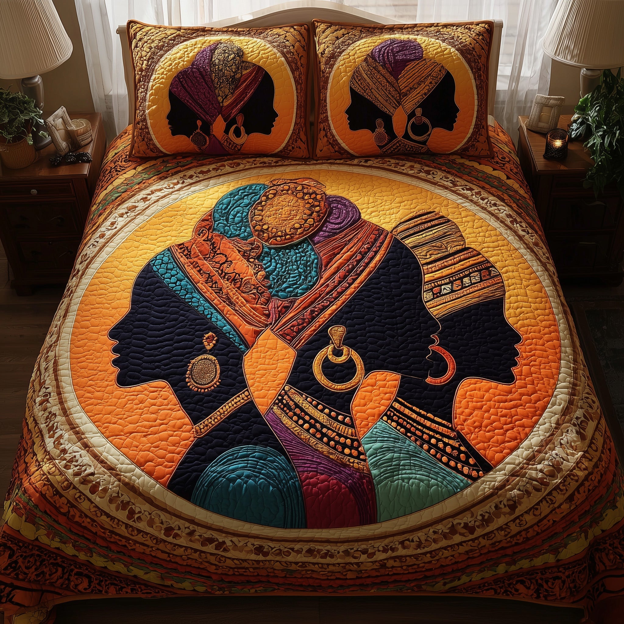 Sisters of the Sun Quilted Bedding Set Duvet Cover Bedspread Melanin Black Women Gift Ideas