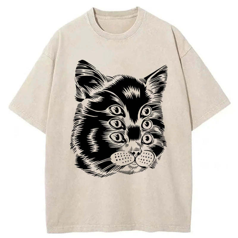 Six-eyed Cat Japan Washed T-Shirt Cool Urban Street Style Shirt Gifts For Best Friend