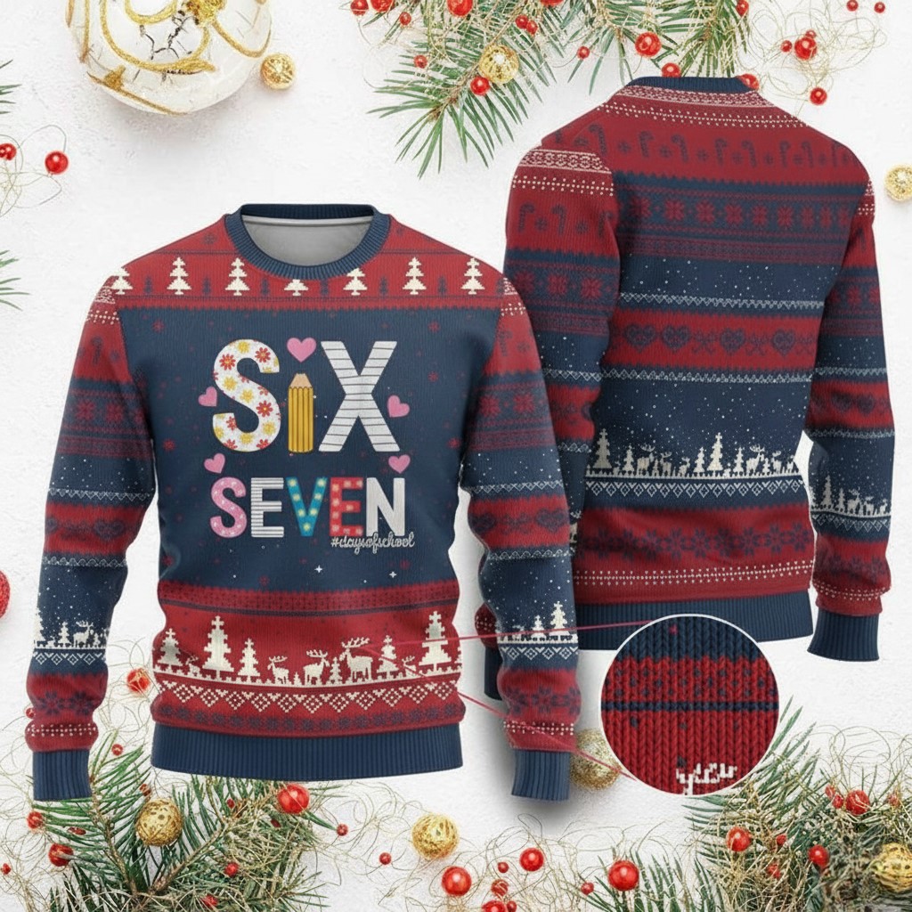 Six Seven Days Of School Ugly Christmas Sweater Pencil And Heart Cute Merch Gifts For Teens