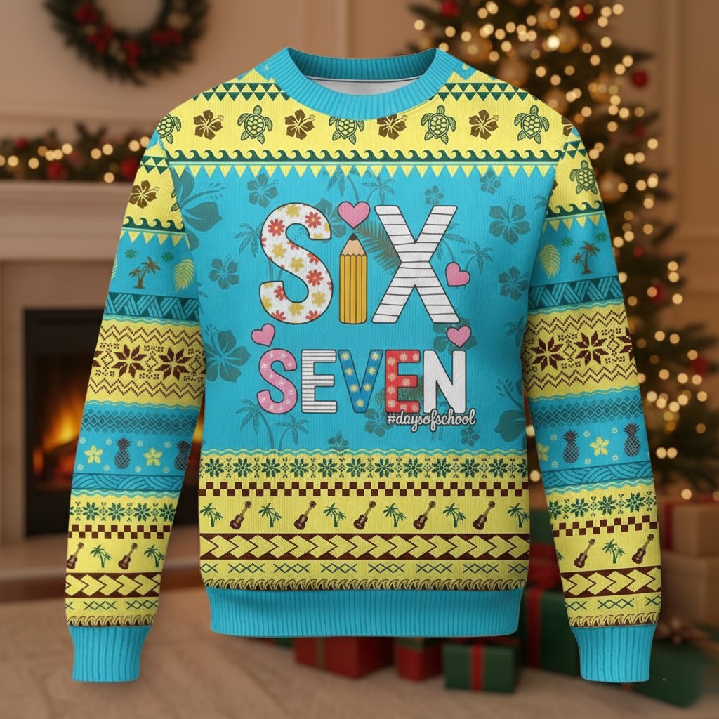Six Seven Days Of School Ugly Christmas Sweater Pencil And Heart Graphic Cute Merch Gifts