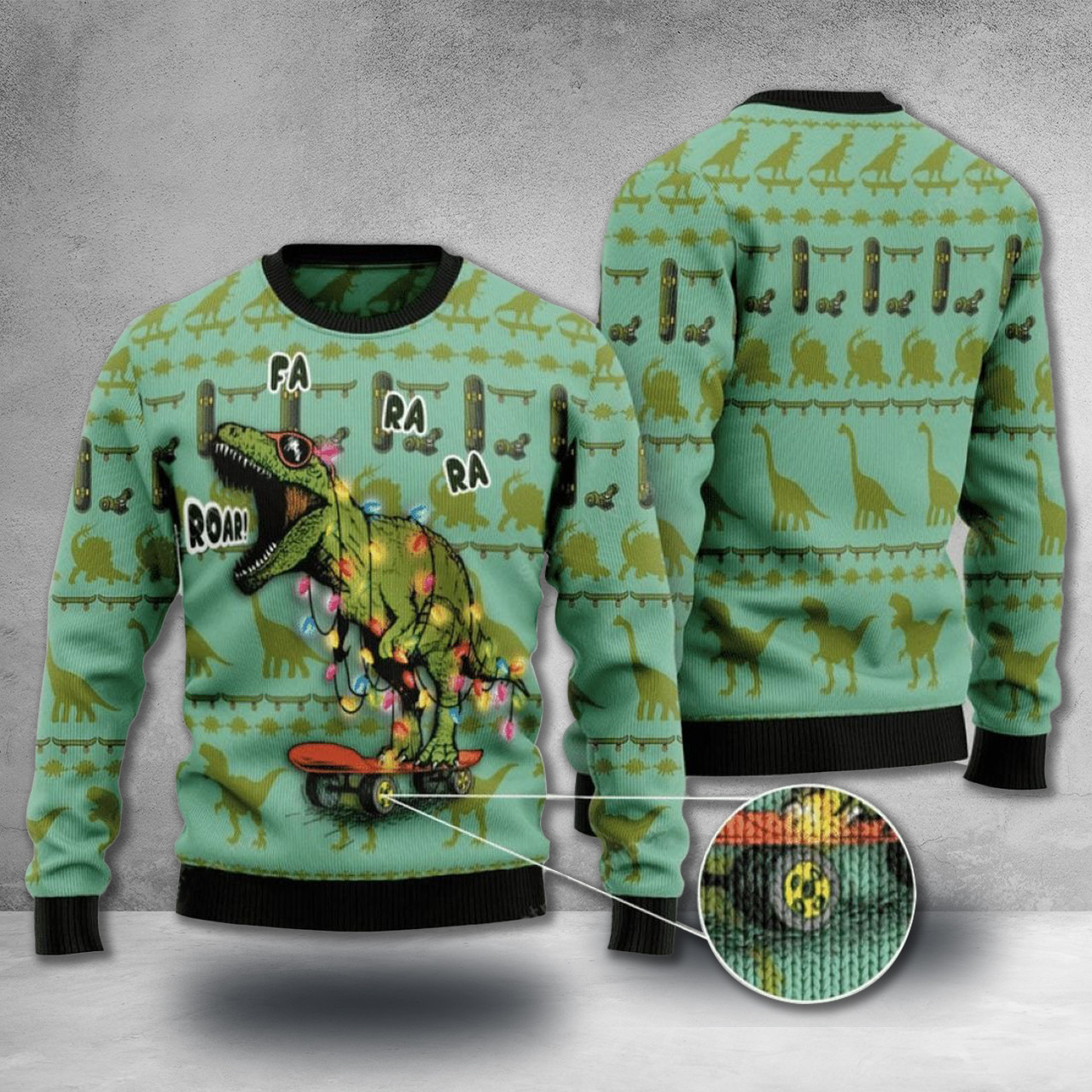 Skateboard Dinosaur Ugly Christmas Sweater Dinosaur Christmas Sweater Mens