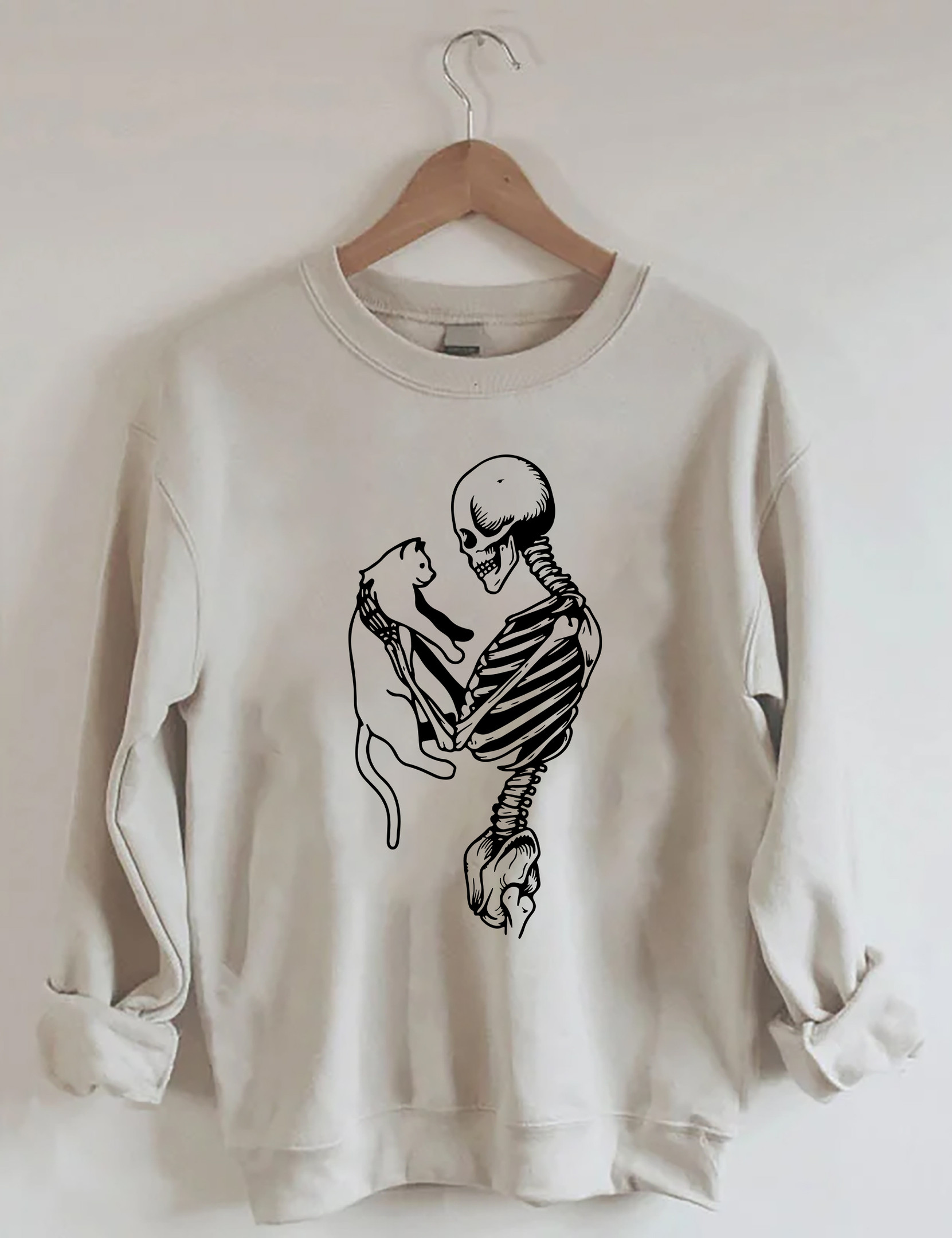 Skeleton And Cat Sweatshirt Novelty Graphic Design Trendy Fashion Gifts For Cat Lovers