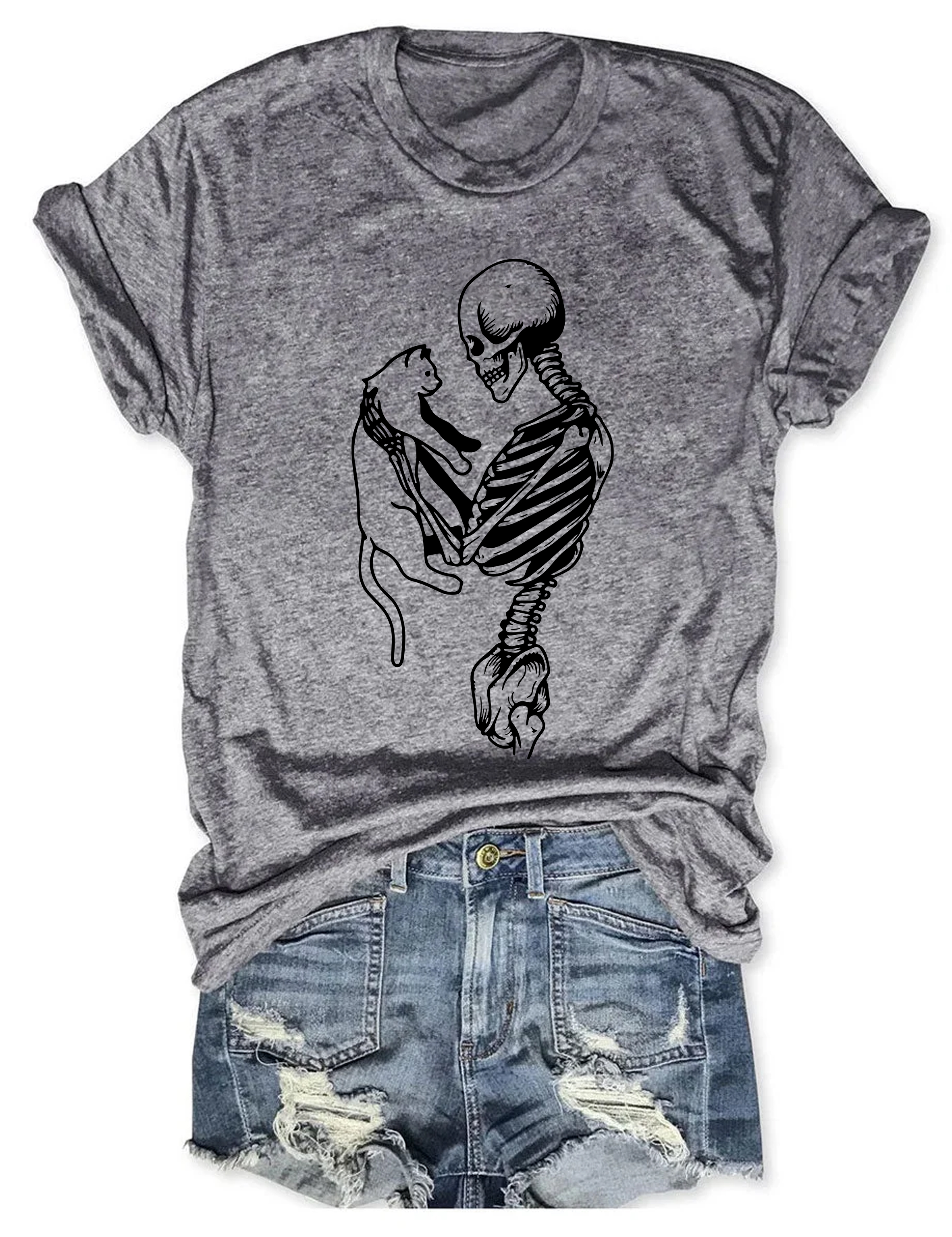 Skeleton And Cat T-Shirt Animal Themed Humorous Clothes Cat Lover Presents