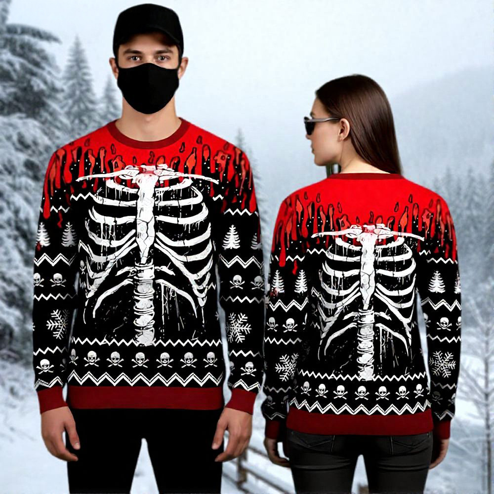 Skeleton Christmas Ugly Sweater Red Blood Themed Holiday Wear Christmas Gifts For Him
