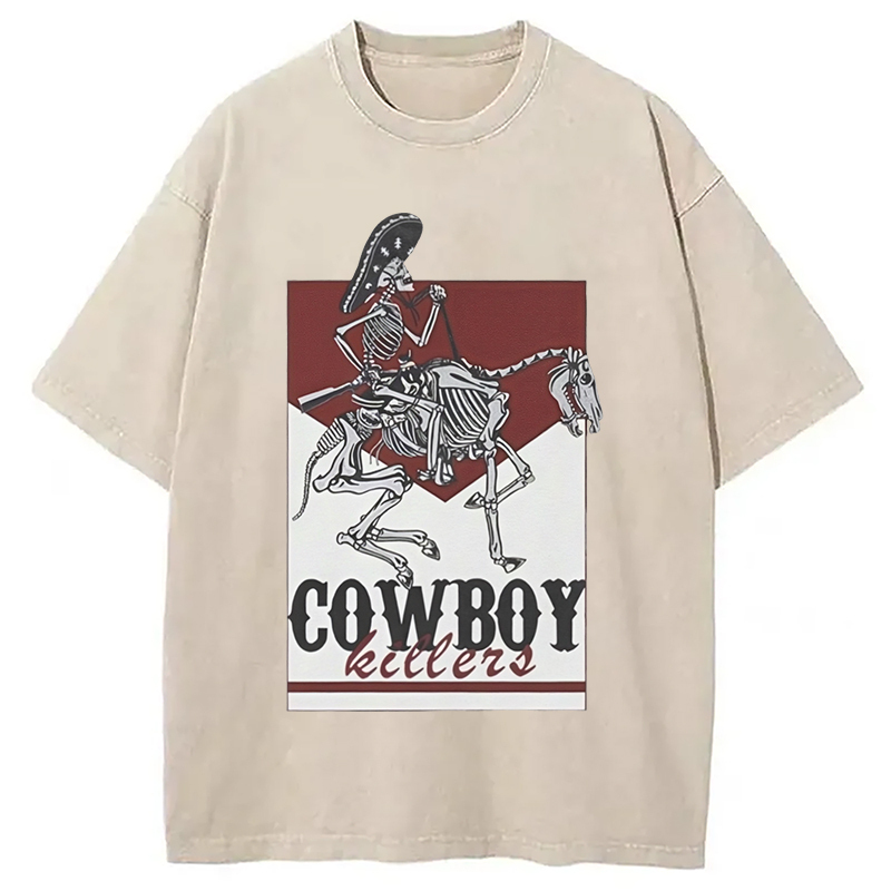 Skeleton Cowboy Killers Washed T-Shirt Cool Urban Street Style Shirt Gifts For Friends