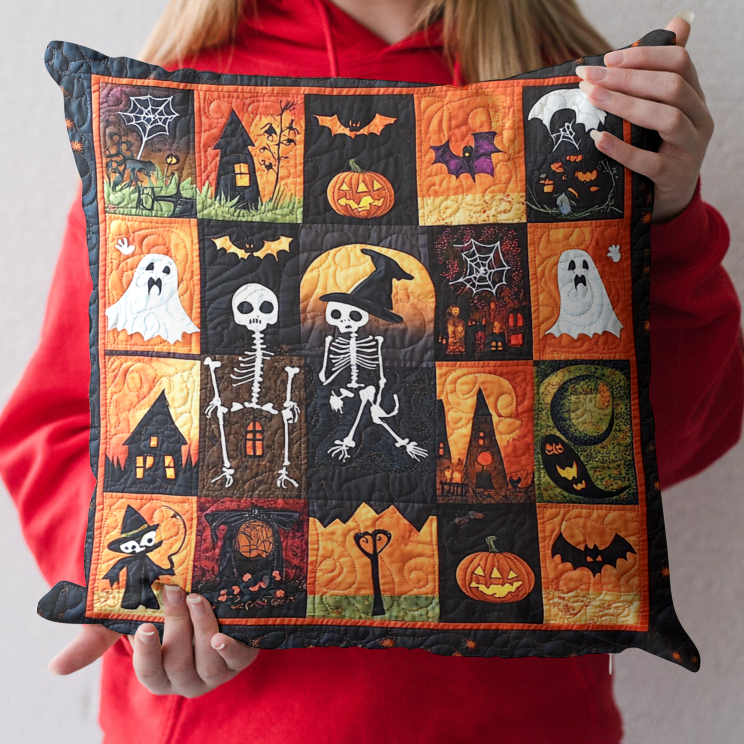 Skeleton Dance Quilted Pillow Case Merry Christmas Cushion Cover