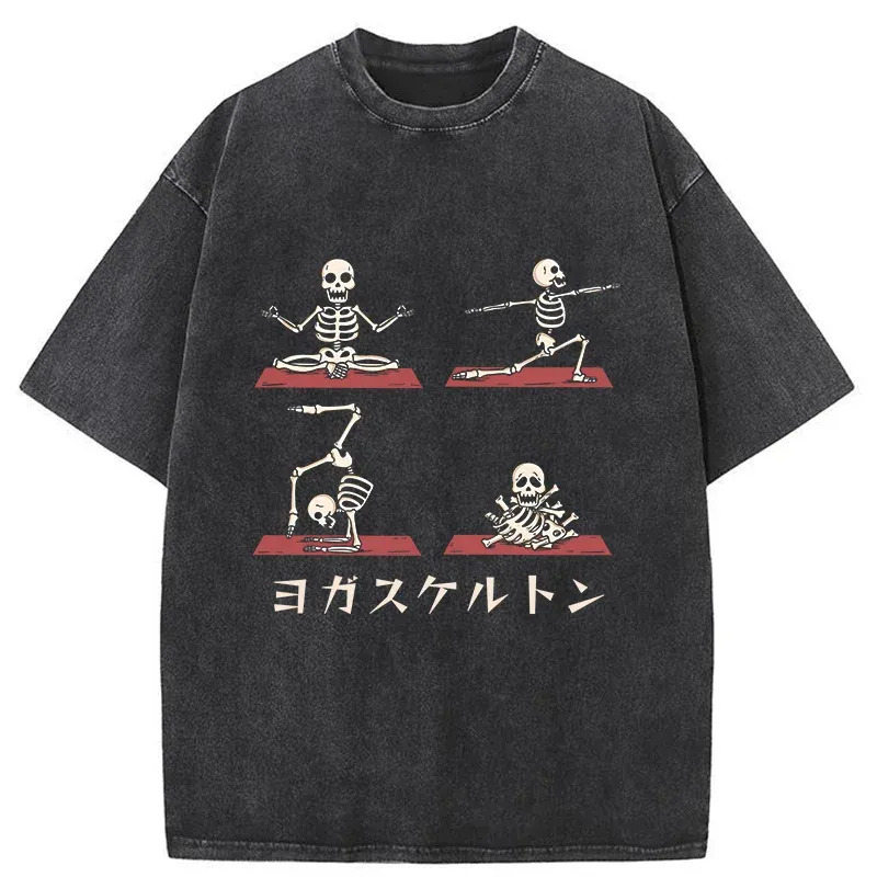 Skeleton Doing Yoga Washed T-Shirt Soft Cotton Daily Wear Tee Gifts For Him