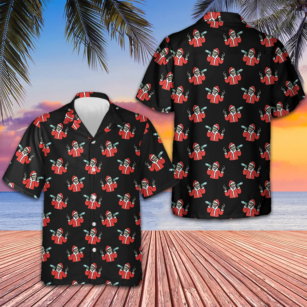 Skeleton Drinking In Santa Costume Hawaiian Shirt Funny Santa Claus Xmas Shirt Gifts For Him Skeleton Drinking In Santa Costume Hawaiian Shirt Funny Santa Claus Xmas Shirt Gifts For Him