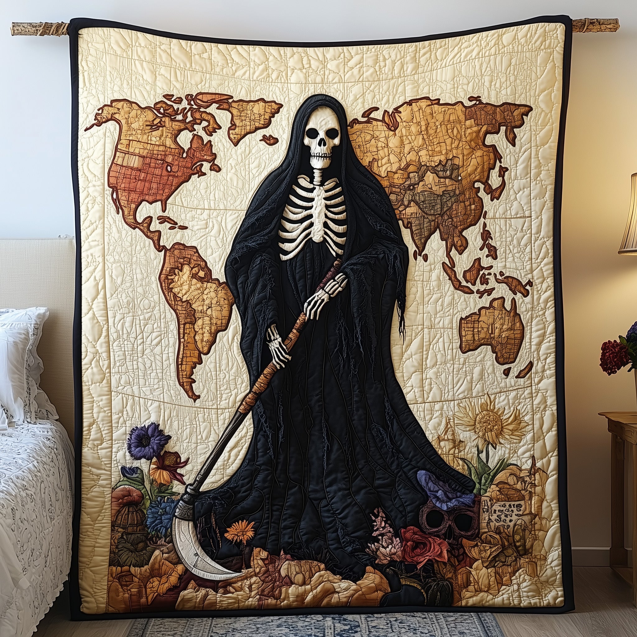 Skeleton Grim Reaper Quilted Blanket World Map Mystic Gothic Halloween Black Skull Gift Ideas