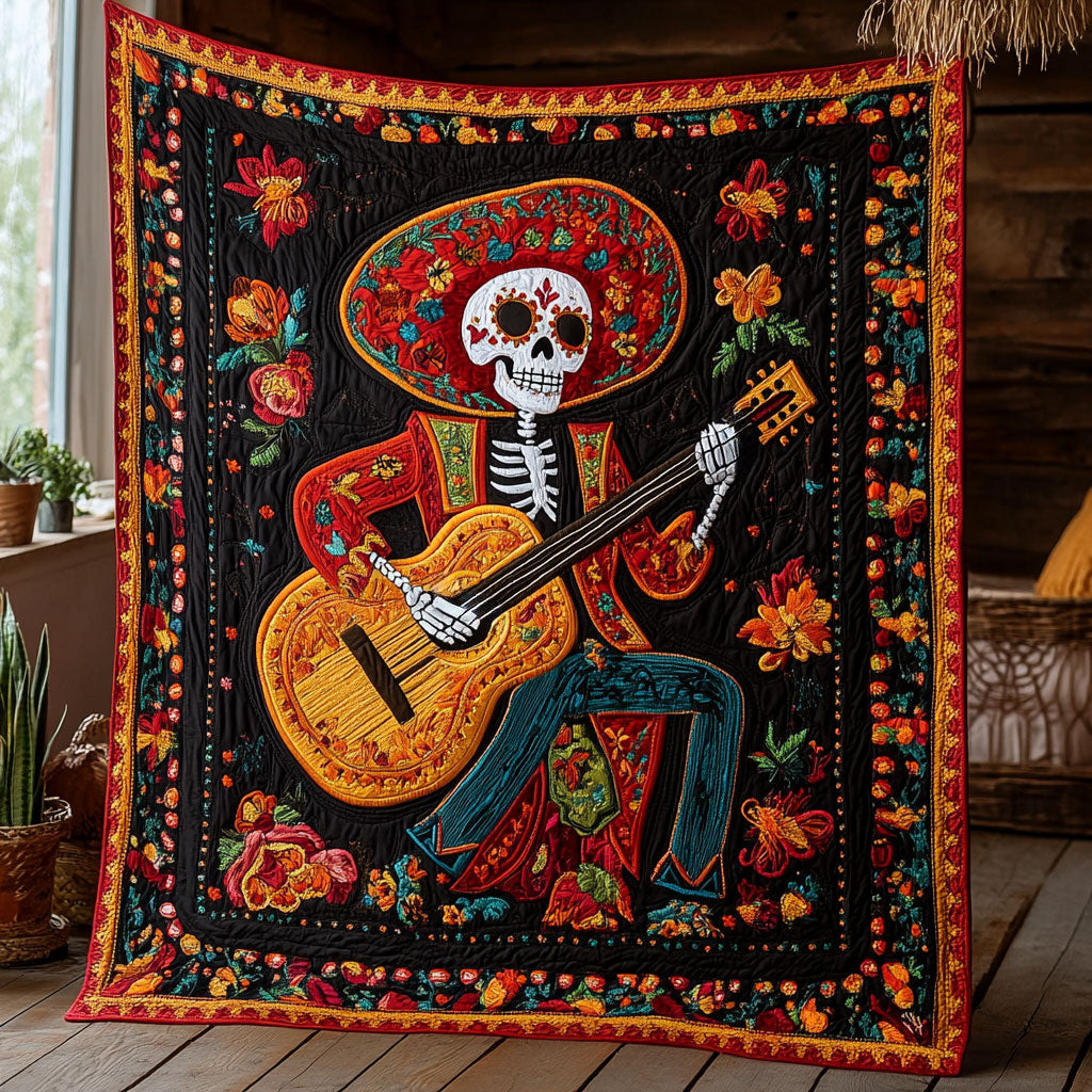 Skeleton Guitar Fire Quilt Blanket Best Throw Blanket Christmas Presents For Guitarists