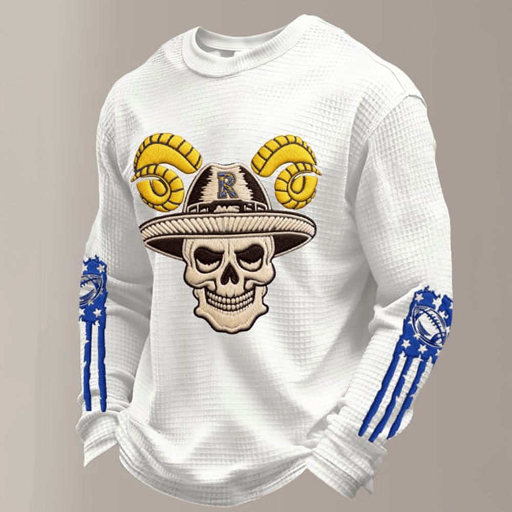 Skeleton Horns Up Football Long Sleeve Shirt Los Angeles Rams Merch Best Gifts For Men