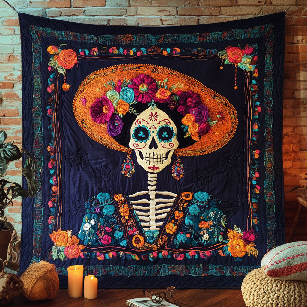 Skeleton Lady Golden Field Quilted Blanket Throw Blankets For Couch Spooky Gift for Her