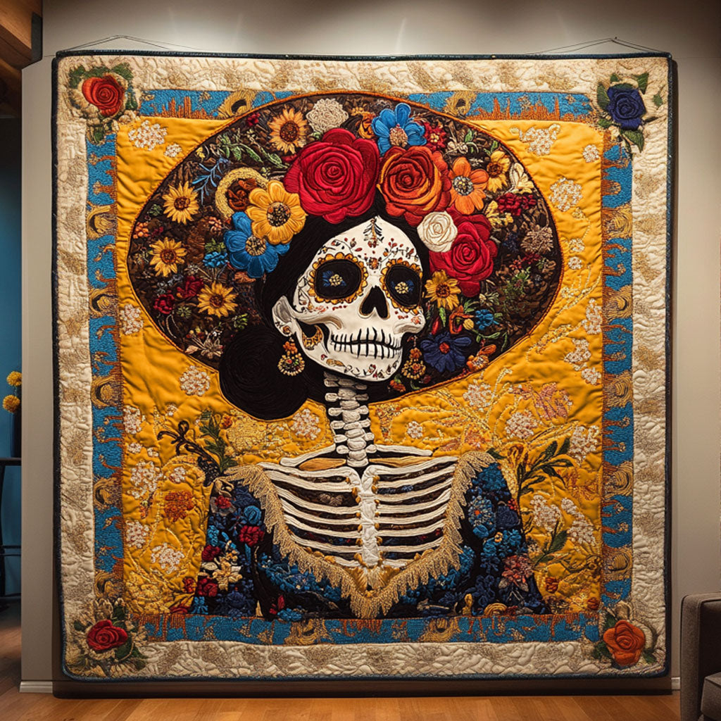 Skeleton Lady Midnight Sun Quilted Blanket Throw Blankets For Couch Spooky Gift for Her
