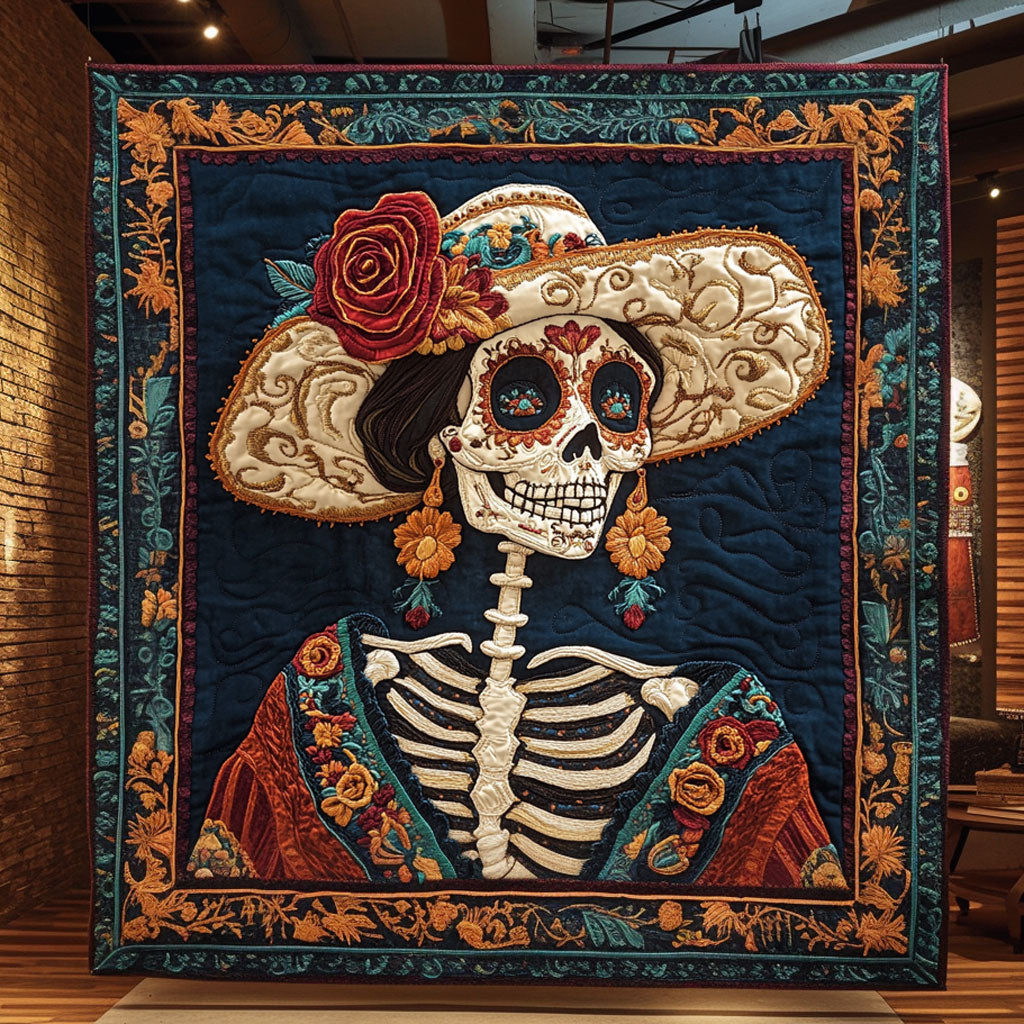 Skeleton Lady Mystic Bloom Quilted Blanket Throw Blankets For Couch Halloween Gift for Adults