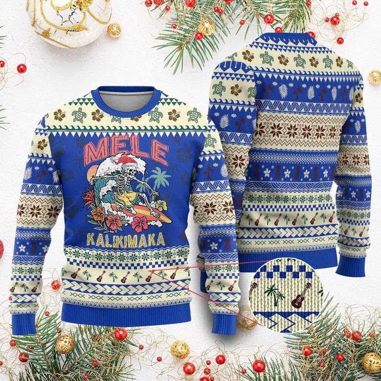 Skeleton Mele Kalikimaka Ugly Christmas Sweater Hawaiian Xmas Sweater Gifts For Him
