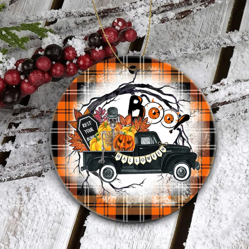 Skeleton On Truck Full Of Pumpkins Boo Halloween Ornament Fall Halloween Tree Decorations