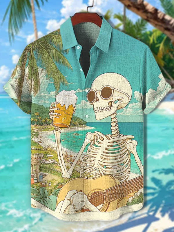 Skeleton Playing Guitar And Drinking Beer Print Hawaiian Shirt Presents For Boyfriend