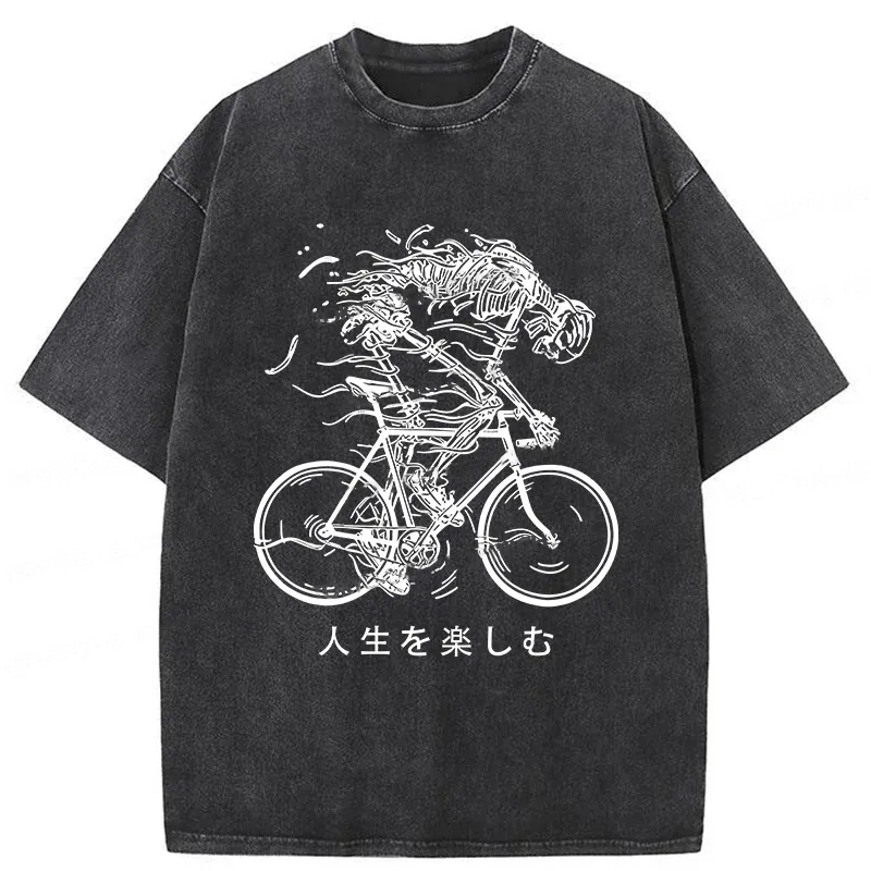 Skeleton Riding A Bicycle Washed T-Shirt Cool Graphic Tee For Men Women Gifts For Her Skeleton Riding A Bicycle Washed T-Shirt Cool Graphic Tee For Men Women Gifts For Her