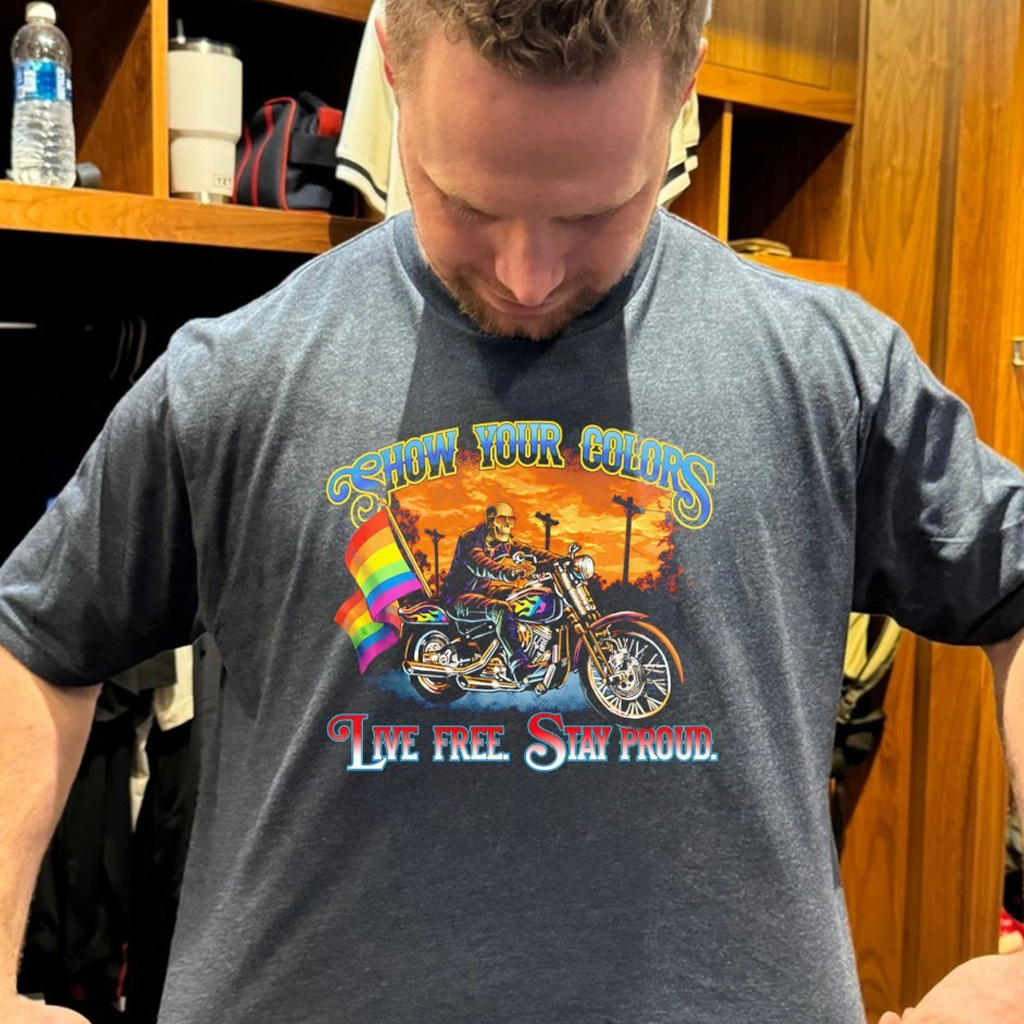 Skeleton Riding Motorbike Show Your Colors Live Free Stay Proud LGBTQ Shirt Gift For Dad