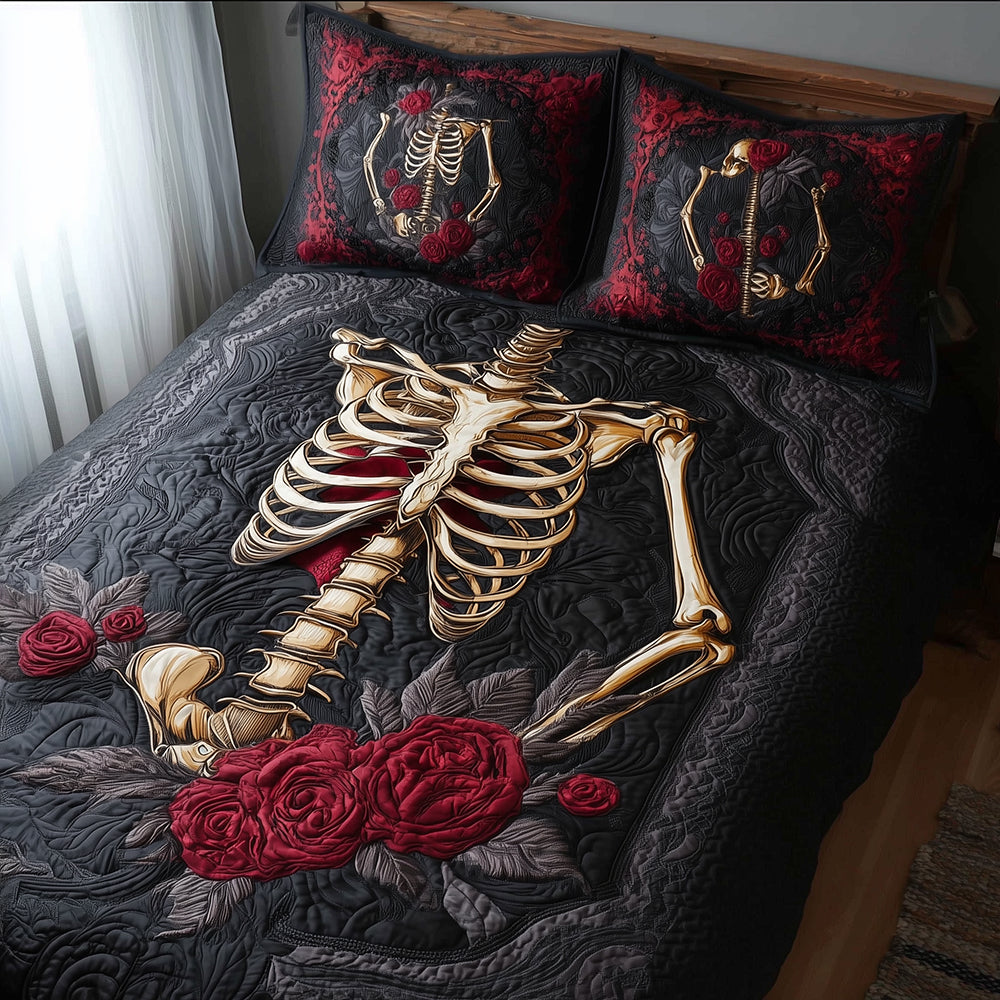 Skeleton Roses Quilted Bedding Set Best Bed Sheet Set Skull Gifts For Him