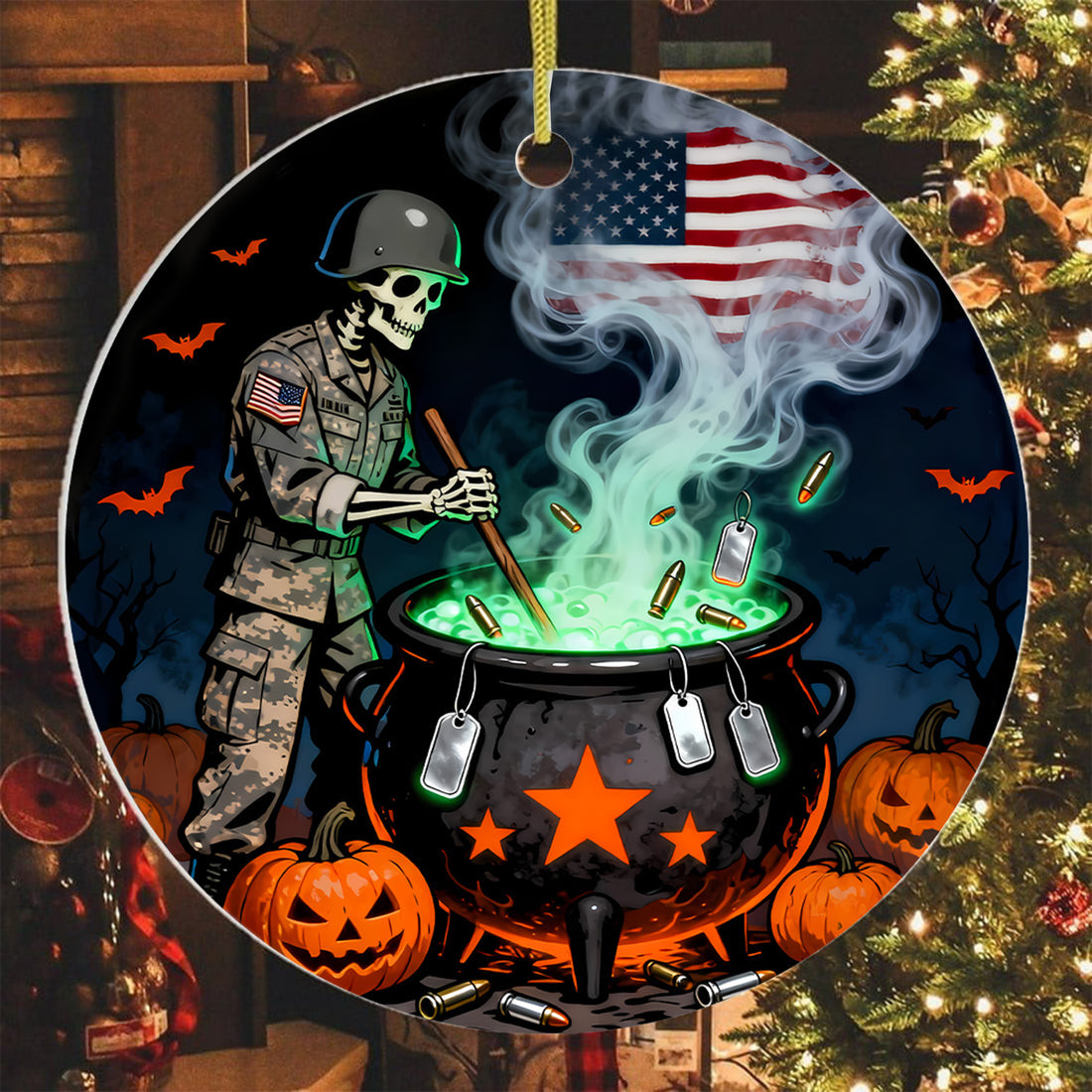Skeleton With Cauldron Halloween Ornament Spooky Skeleton Themed Halloween Decor Military Gift