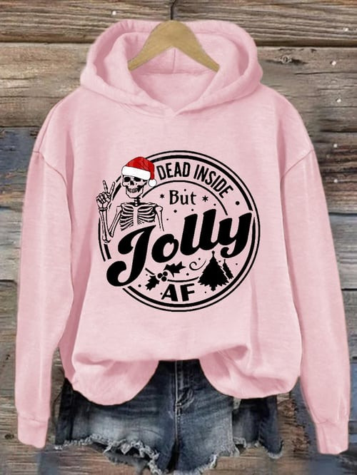 Skeleton With Santa Hat Christmas Hoodie Dead Inside But Jolly AF Humor Clothes Xmas Gifts