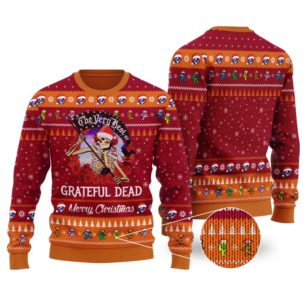 Skellington Grateful Dead Ugly Christmas Sweater Cardinal Red Funny Holiday Sweater for Family Gatherings