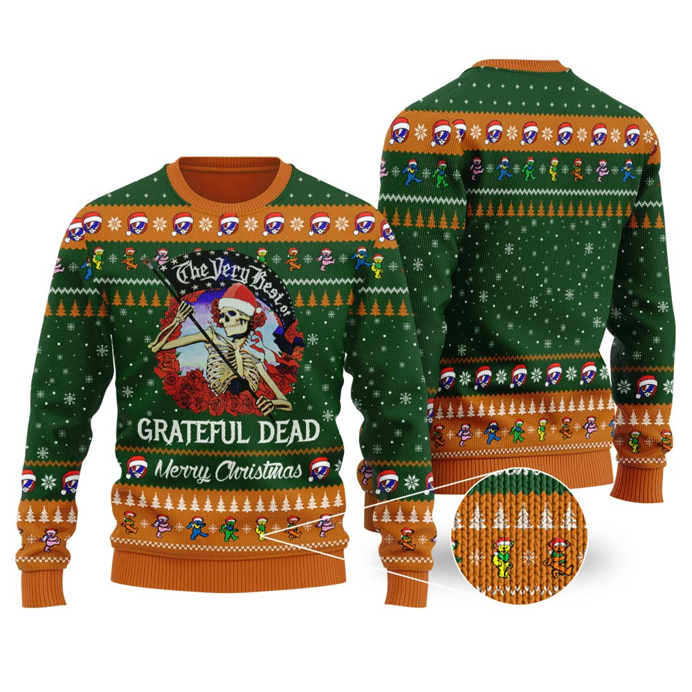 Skellington Grateful Dead Ugly Christmas Sweater Forest Green Funny Xmas Sweater for Ugly Sweater Parties