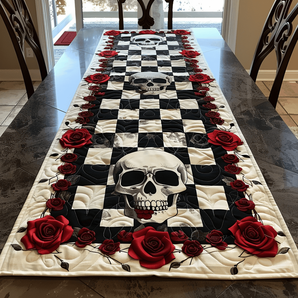 Skull & Roses Quilted Table Runner Decorations Best Skull Lovers Gifts For Skull Lovers