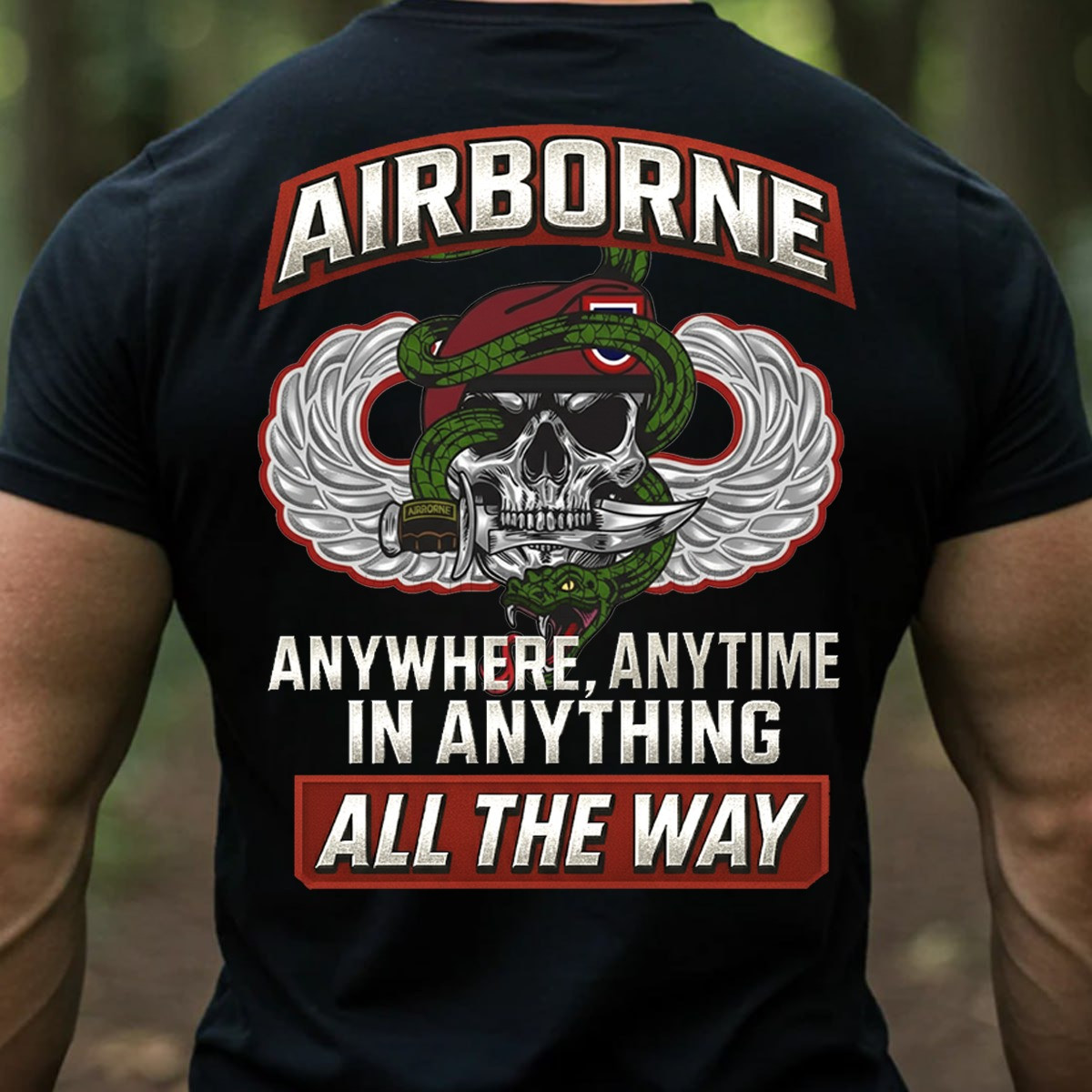 Skull Airborne Veteran T-Shirt Anywhere Anytime All The Way Clothes Presents For Veterans Day