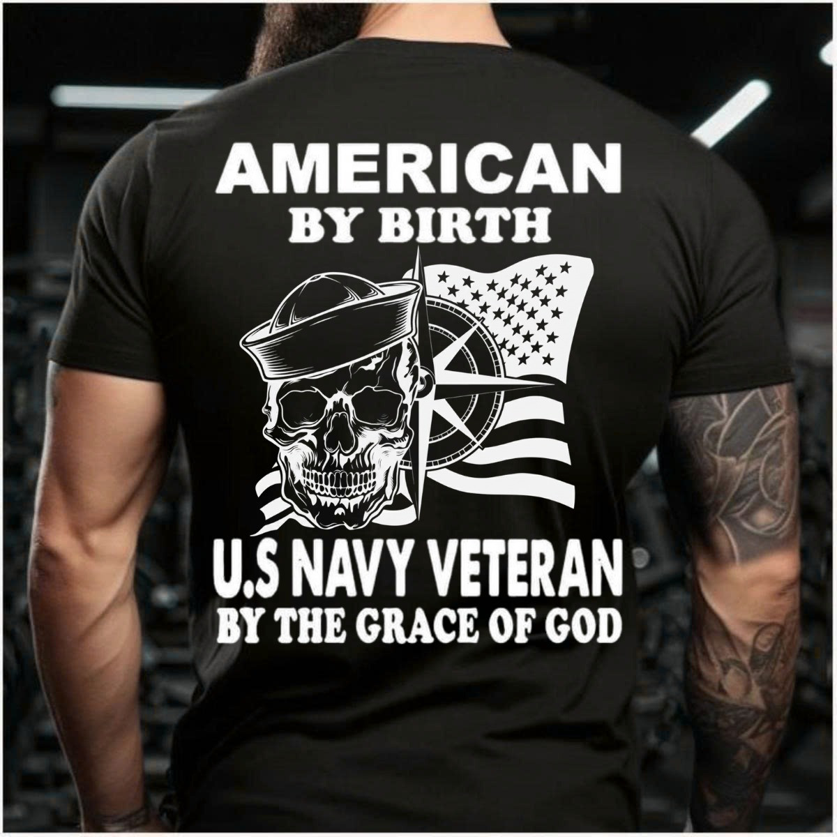 Skull America Flag US Navy Veteran T-Shirt American By Birth Proud Military Apparel Gift Ideas