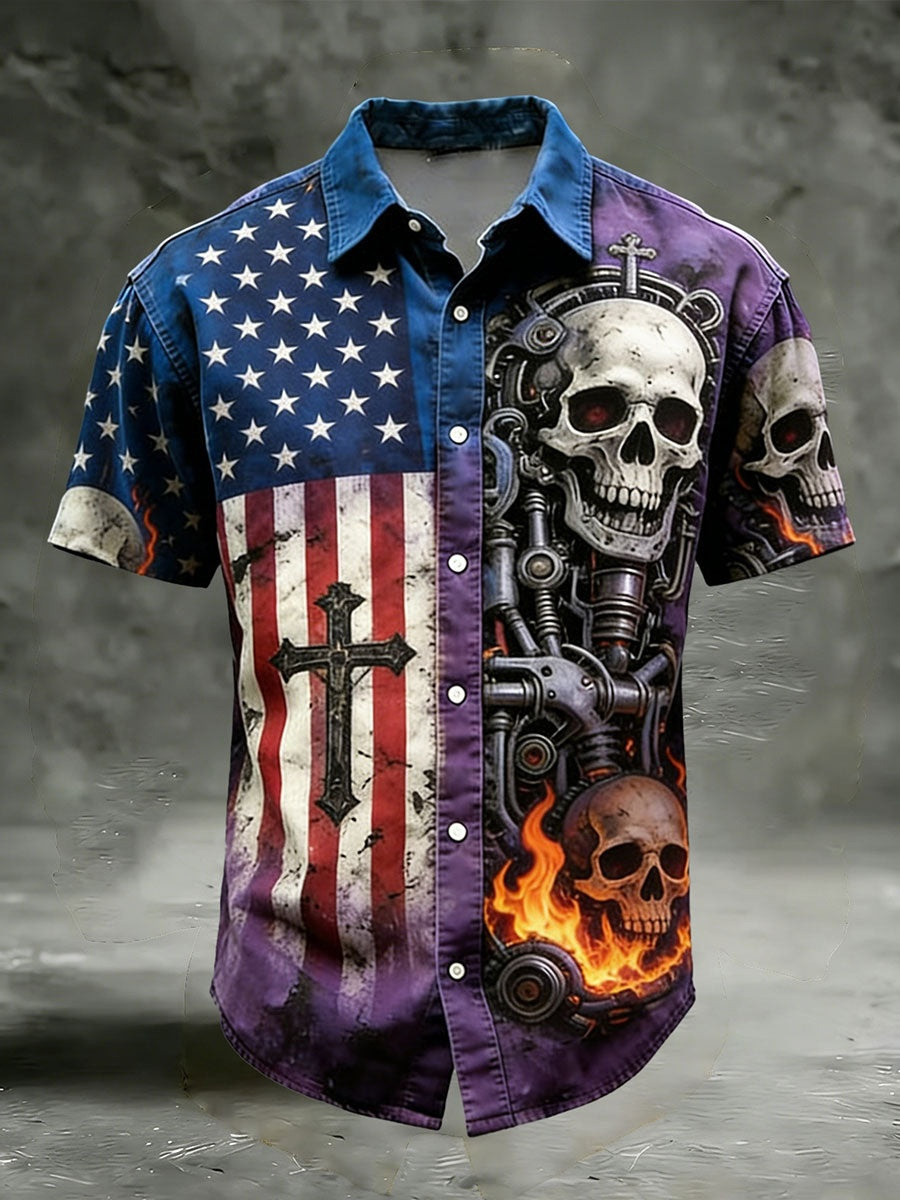Skull American Flag Button Shirt Mens Shirts 250th Anniversary Patriotic Fan Gear Gift For Him