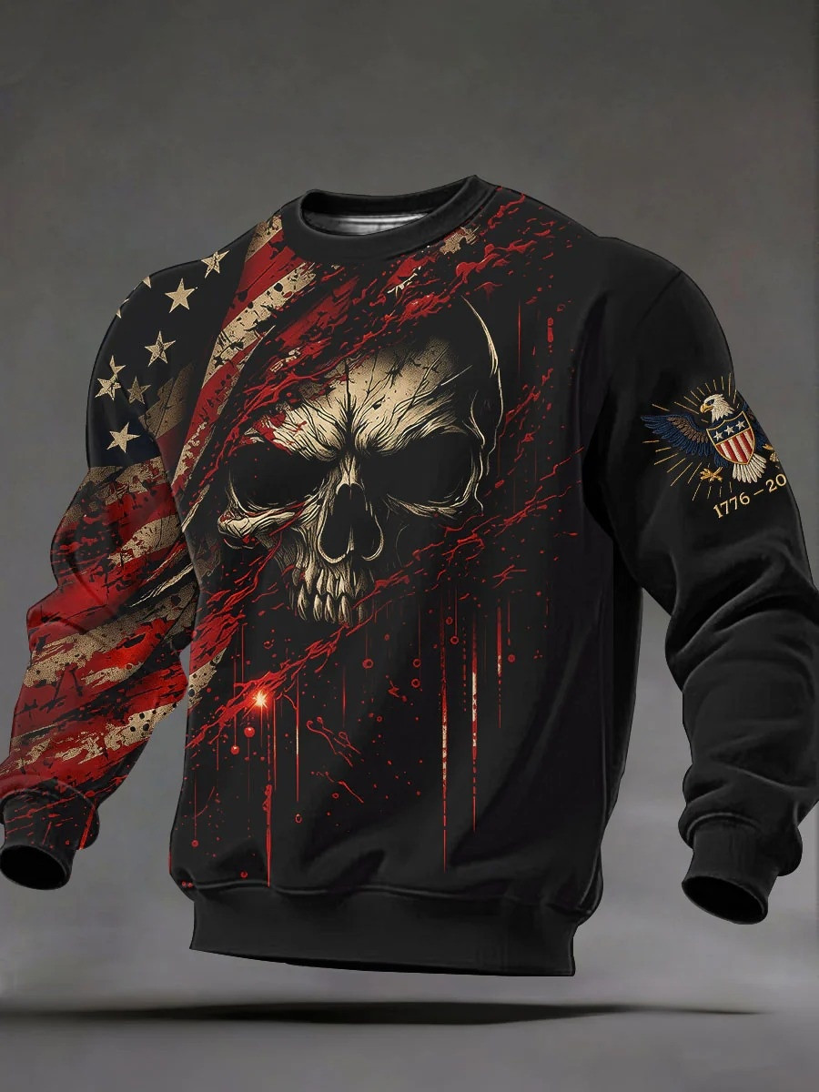 Skull American Flag Sweatshirt Patriotic Graphic Sweatshirt Men 1776 2026 Anniversary Gift